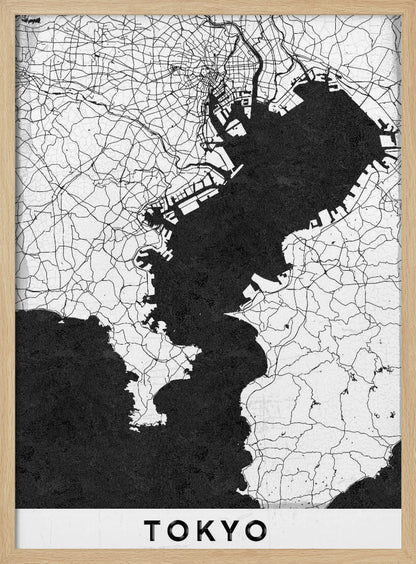 A minimalist black and white map of Tokyo, Japan, in a black frame. The map shows the city's road network in thin black lines on a white background, while Tokyo Bay and other water bodies are depicted in solid black. A white banner at the bottom contains the word 'TOKYO' in a clean, sans-serif font. Wall Art