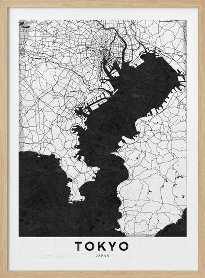 A minimalist black and white map of Tokyo, Japan, in a black frame. The map shows the city's road network in thin black lines on a white background, while Tokyo Bay and other water bodies are depicted in solid black. A white banner at the bottom contains the word 'TOKYO' in a clean, sans-serif font. Wall Art