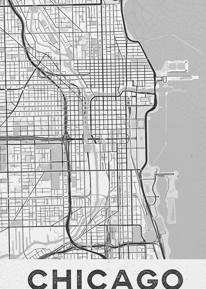 A minimalist black and white map of Chicago, presented vertically. The map shows the city's grid system, highways, and waterways, with Lake Michigan to the right. The word 'CHICAGO' is in a bold, sans-serif font at the bottom, all enclosed within a thin black frame. Poster