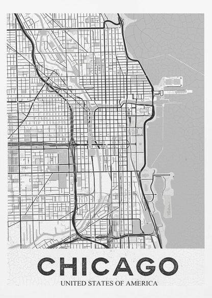 A minimalist black and white map of Chicago, presented vertically. The map shows the city's grid system, highways, and waterways, with Lake Michigan to the right. The word 'CHICAGO' is in a bold, sans-serif font at the bottom, all enclosed within a thin black frame. Poster