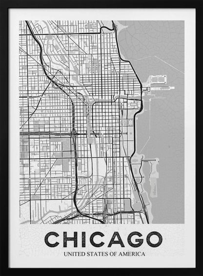 A minimalist black and white map of Chicago, presented vertically. The map shows the city's grid system, highways, and waterways, with Lake Michigan to the right. The word 'CHICAGO' is in a bold, sans-serif font at the bottom, all enclosed within a thin black frame. Poster
