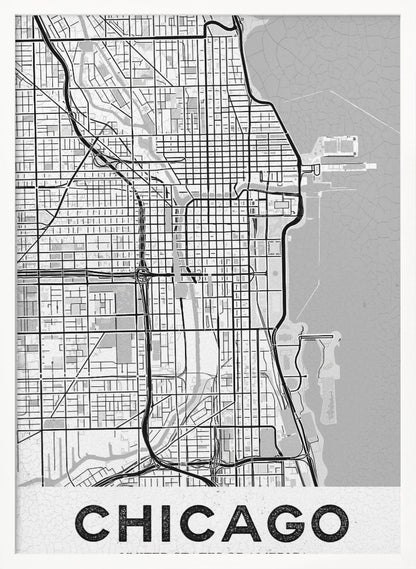 A minimalist black and white map of Chicago, presented vertically. The map shows the city's grid system, highways, and waterways, with Lake Michigan to the right. The word 'CHICAGO' is in a bold, sans-serif font at the bottom, all enclosed within a thin black frame. Poster