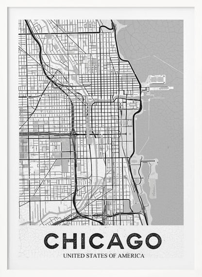 A minimalist black and white map of Chicago, presented vertically. The map shows the city's grid system, highways, and waterways, with Lake Michigan to the right. The word 'CHICAGO' is in a bold, sans-serif font at the bottom, all enclosed within a thin black frame. Poster
