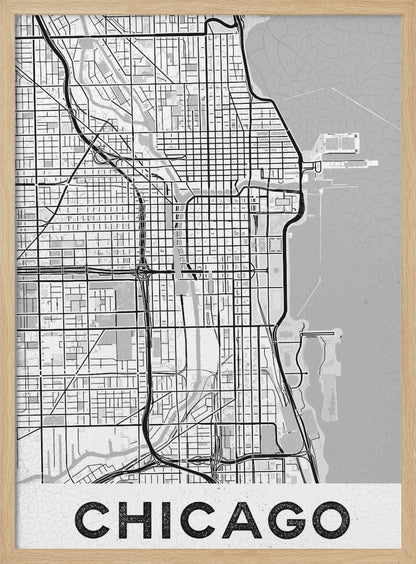 A minimalist black and white map of Chicago, presented vertically. The map shows the city's grid system, highways, and waterways, with Lake Michigan to the right. The word 'CHICAGO' is in a bold, sans-serif font at the bottom, all enclosed within a thin black frame. Poster