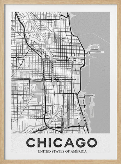 A minimalist black and white map of Chicago, presented vertically. The map shows the city's grid system, highways, and waterways, with Lake Michigan to the right. The word 'CHICAGO' is in a bold, sans-serif font at the bottom, all enclosed within a thin black frame. Poster