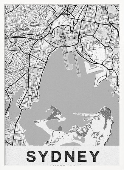 A modern, black and white framed art print of a stylized map of Sydney, Australia. The map features bold black lines for the street grid and major roads, with light grey for the landmass and a darker grey for the water of the harbor. The word 'SYDNEY' is printed in large, black, sans-serif font at the bottom of the poster. Poster