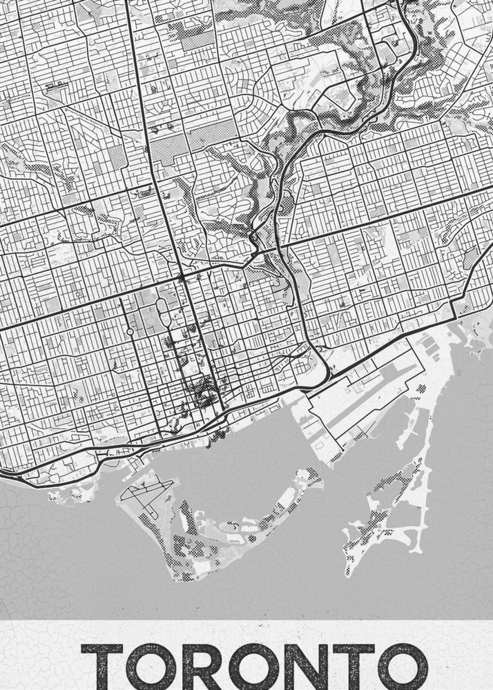 A modern, black and white poster featuring a stylized street map of Toronto, Canada. The map is in a black frame, and the word 'TORONTO' is written in bold, black, distressed letters at the bottom. Print