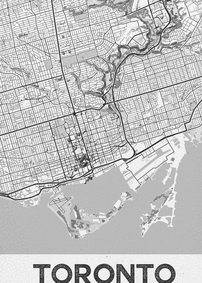 A modern, black and white poster featuring a stylized street map of Toronto, Canada. The map is in a black frame, and the word 'TORONTO' is written in bold, black, distressed letters at the bottom. Print
