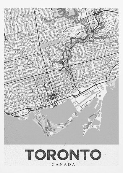 A modern, black and white poster featuring a stylized street map of Toronto, Canada. The map is in a black frame, and the word 'TORONTO' is written in bold, black, distressed letters at the bottom. Print