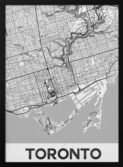 A modern, black and white poster featuring a stylized street map of Toronto, Canada. The map is in a black frame, and the word 'TORONTO' is written in bold, black, distressed letters at the bottom. Print