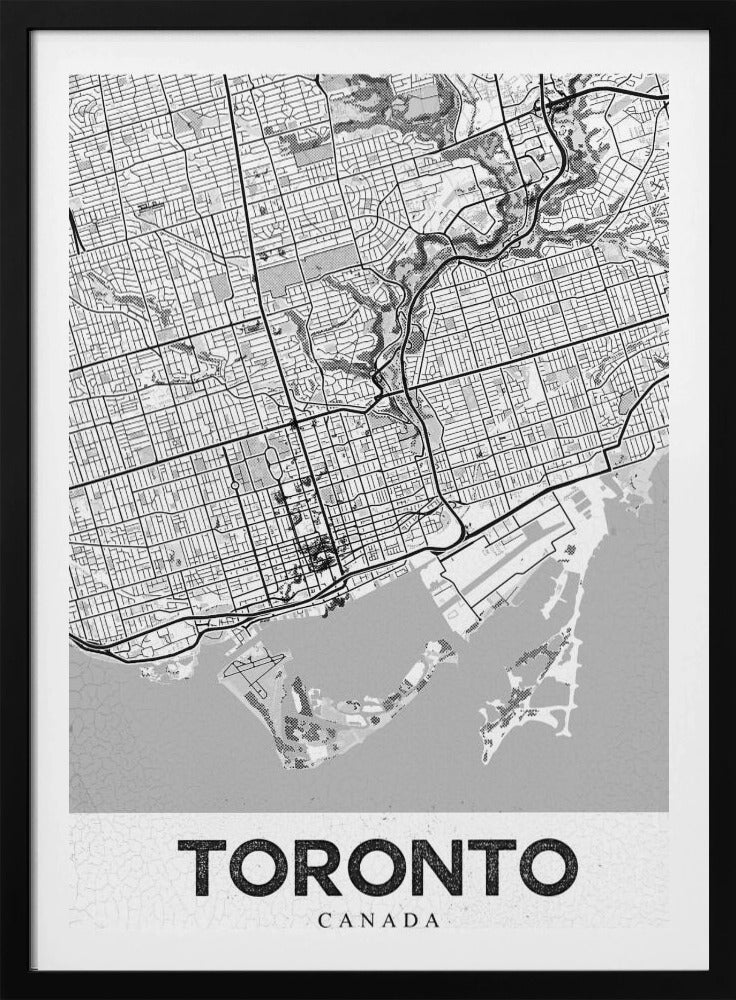 A modern, black and white poster featuring a stylized street map of Toronto, Canada. The map is in a black frame, and the word 'TORONTO' is written in bold, black, distressed letters at the bottom. Print