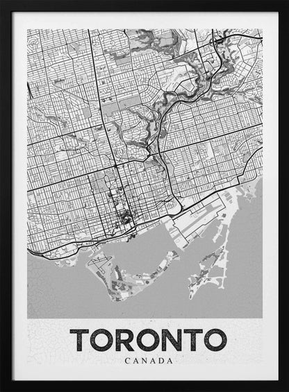 A modern, black and white poster featuring a stylized street map of Toronto, Canada. The map is in a black frame, and the word 'TORONTO' is written in bold, black, distressed letters at the bottom. Print