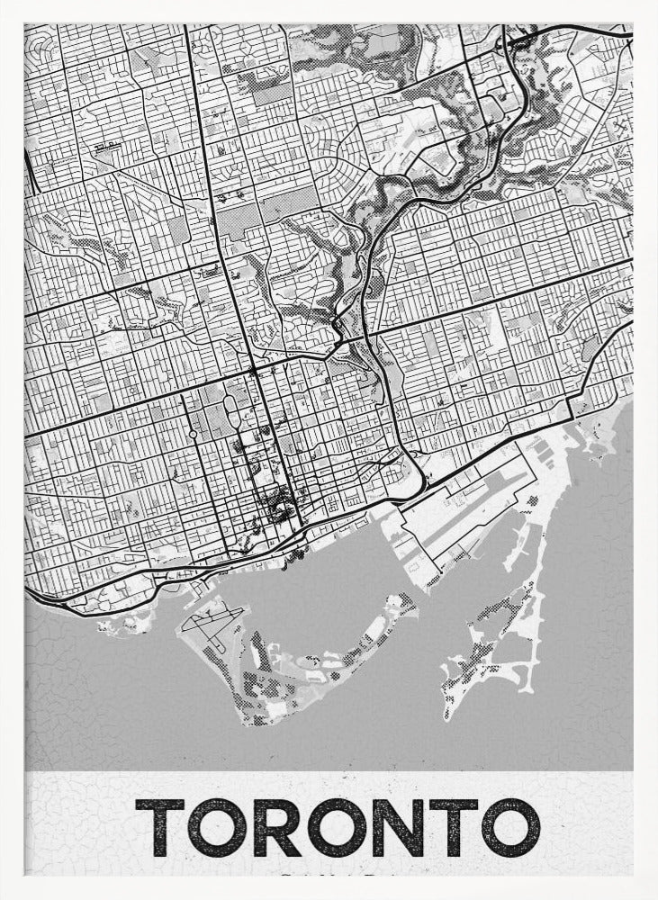 A modern, black and white poster featuring a stylized street map of Toronto, Canada. The map is in a black frame, and the word 'TORONTO' is written in bold, black, distressed letters at the bottom. Print