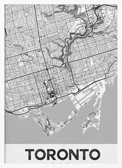 A modern, black and white poster featuring a stylized street map of Toronto, Canada. The map is in a black frame, and the word 'TORONTO' is written in bold, black, distressed letters at the bottom. Print
