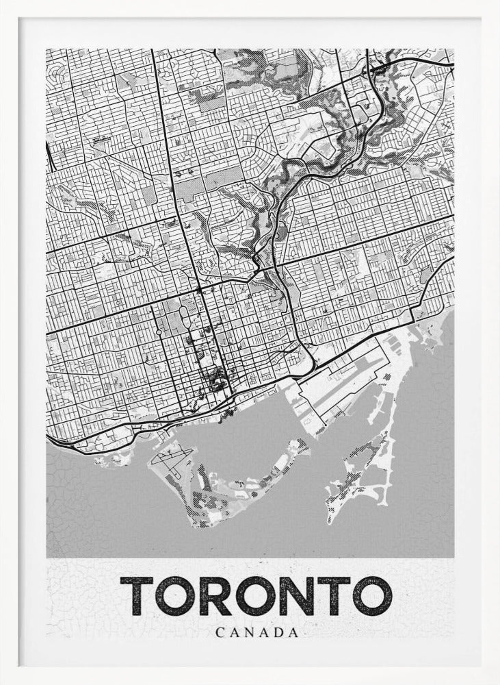 A modern, black and white poster featuring a stylized street map of Toronto, Canada. The map is in a black frame, and the word 'TORONTO' is written in bold, black, distressed letters at the bottom. Print