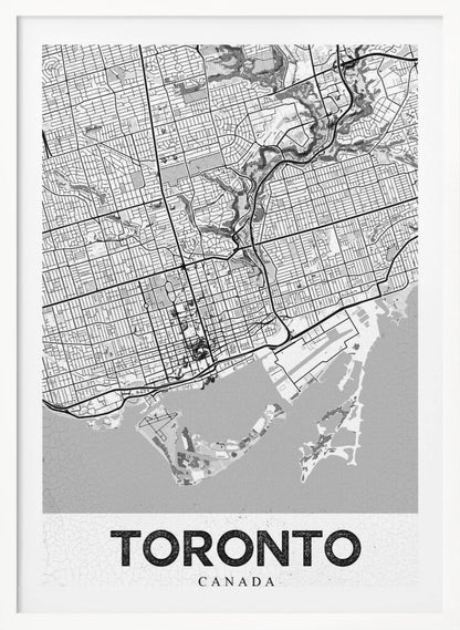 A modern, black and white poster featuring a stylized street map of Toronto, Canada. The map is in a black frame, and the word 'TORONTO' is written in bold, black, distressed letters at the bottom. Print