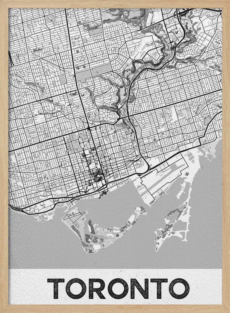 A modern, black and white poster featuring a stylized street map of Toronto, Canada. The map is in a black frame, and the word 'TORONTO' is written in bold, black, distressed letters at the bottom. Print