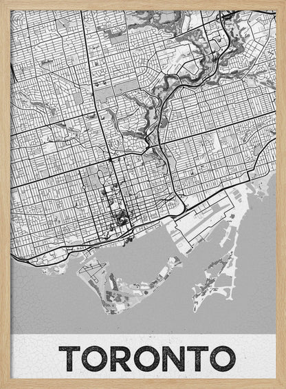 A modern, black and white poster featuring a stylized street map of Toronto, Canada. The map is in a black frame, and the word 'TORONTO' is written in bold, black, distressed letters at the bottom. Print