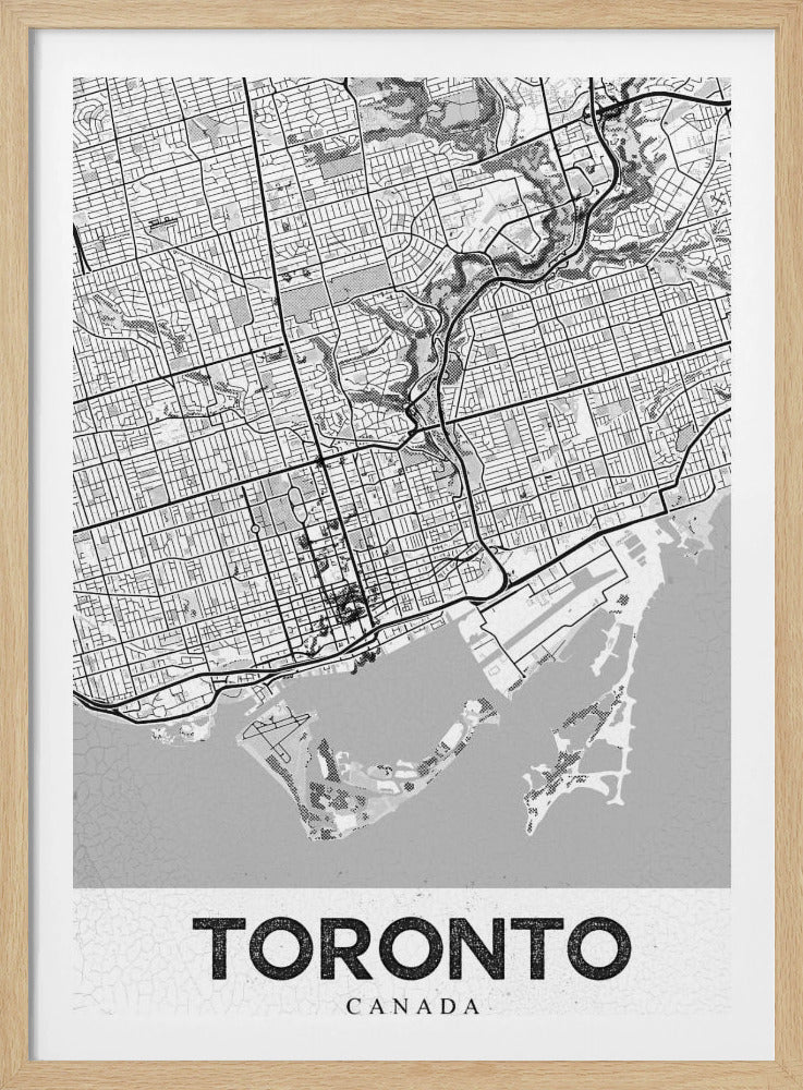 A modern, black and white poster featuring a stylized street map of Toronto, Canada. The map is in a black frame, and the word 'TORONTO' is written in bold, black, distressed letters at the bottom. Print