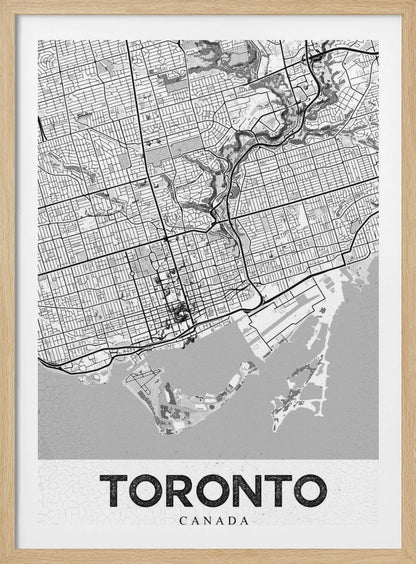A modern, black and white poster featuring a stylized street map of Toronto, Canada. The map is in a black frame, and the word 'TORONTO' is written in bold, black, distressed letters at the bottom. Print