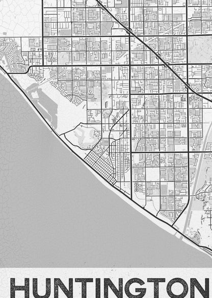 A minimalist black and white framed map of Huntington. The map details the city's street grid next to the coastline, with the name 'HUNTINGTON' printed in bold block letters at the bottom. Print