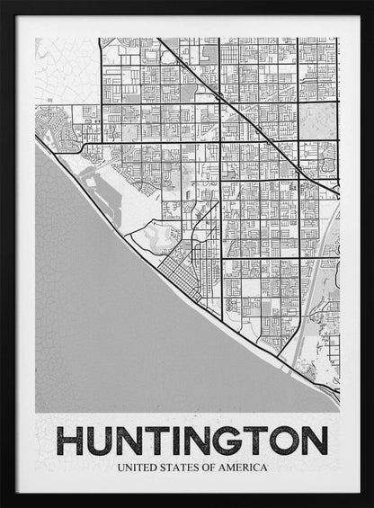 A minimalist black and white framed map of Huntington. The map details the city's street grid next to the coastline, with the name 'HUNTINGTON' printed in bold block letters at the bottom. Print