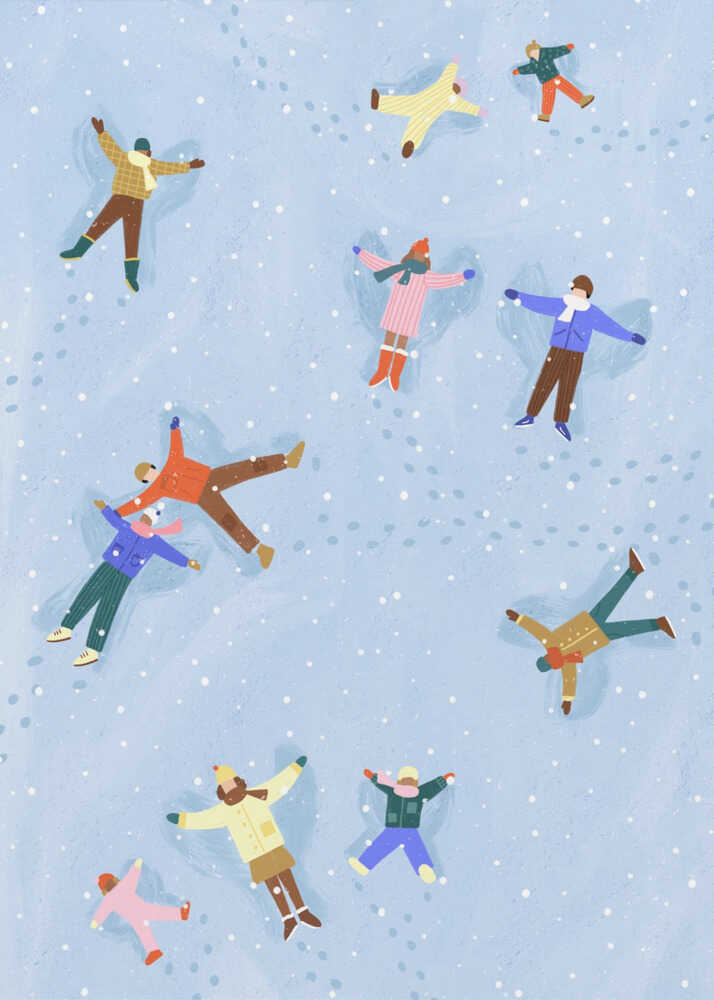 An overhead view illustration of several people, both adults and children, lying in the snow making snow angels. They are all wearing colorful winter clothes, and light snow is falling against a pale blue background. Footprints are visible in the snow between the figures. Artwork
