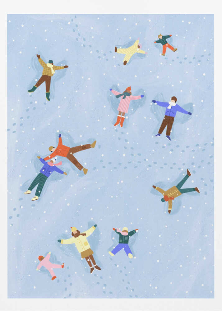 An overhead view illustration of several people, both adults and children, lying in the snow making snow angels. They are all wearing colorful winter clothes, and light snow is falling against a pale blue background. Footprints are visible in the snow between the figures. Artwork