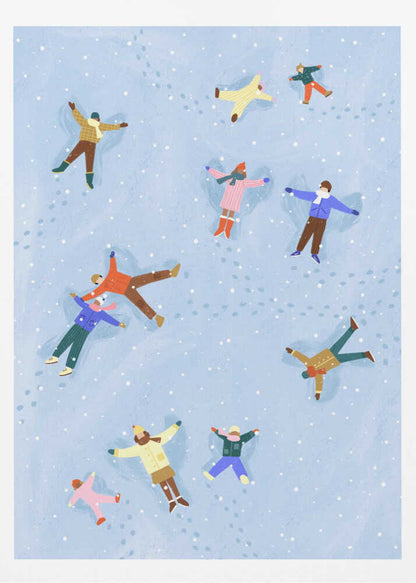 An overhead view illustration of several people, both adults and children, lying in the snow making snow angels. They are all wearing colorful winter clothes, and light snow is falling against a pale blue background. Footprints are visible in the snow between the figures. Artwork