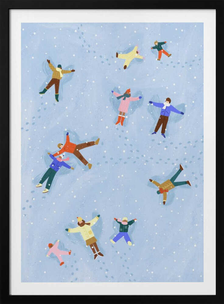 An overhead view illustration of several people, both adults and children, lying in the snow making snow angels. They are all wearing colorful winter clothes, and light snow is falling against a pale blue background. Footprints are visible in the snow between the figures. Artwork