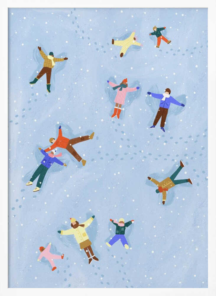 An overhead view illustration of several people, both adults and children, lying in the snow making snow angels. They are all wearing colorful winter clothes, and light snow is falling against a pale blue background. Footprints are visible in the snow between the figures. Artwork
