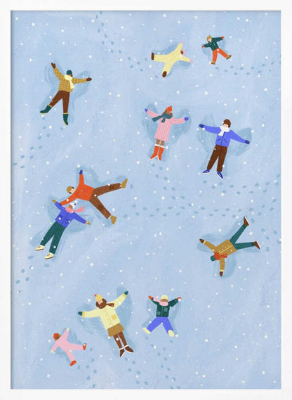 An overhead view illustration of several people, both adults and children, lying in the snow making snow angels. They are all wearing colorful winter clothes, and light snow is falling against a pale blue background. Footprints are visible in the snow between the figures. Artwork