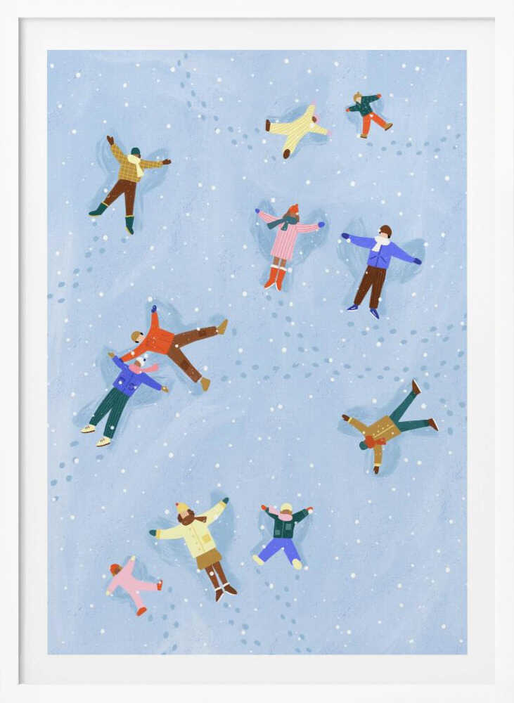An overhead view illustration of several people, both adults and children, lying in the snow making snow angels. They are all wearing colorful winter clothes, and light snow is falling against a pale blue background. Footprints are visible in the snow between the figures. Artwork