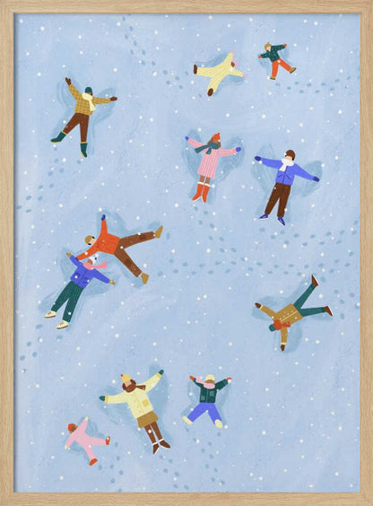 An overhead view illustration of several people, both adults and children, lying in the snow making snow angels. They are all wearing colorful winter clothes, and light snow is falling against a pale blue background. Footprints are visible in the snow between the figures. Artwork