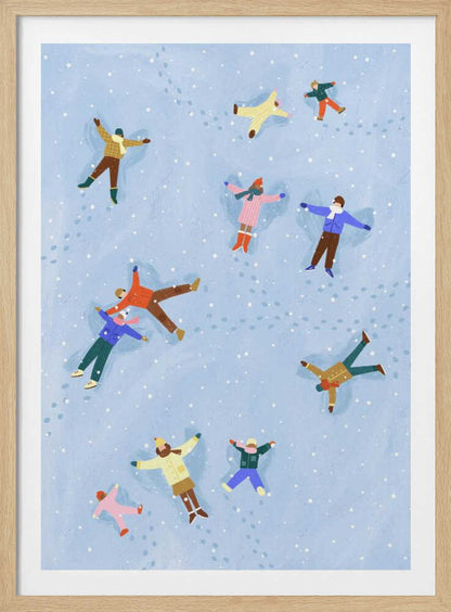 An overhead view illustration of several people, both adults and children, lying in the snow making snow angels. They are all wearing colorful winter clothes, and light snow is falling against a pale blue background. Footprints are visible in the snow between the figures. Artwork