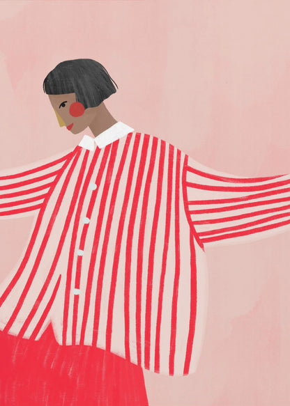 A stylized illustration of a person with a short black bob haircut, wearing an oversized, vertically striped red and white shirt. They are looking down and to the side against a solid light pink background, with their arms outstretched. Artwork