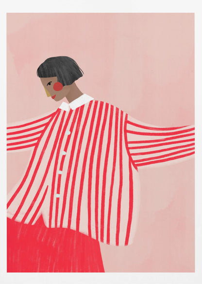 A stylized illustration of a person with a short black bob haircut, wearing an oversized, vertically striped red and white shirt. They are looking down and to the side against a solid light pink background, with their arms outstretched. Artwork