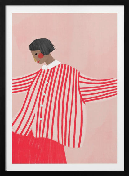 A stylized illustration of a person with a short black bob haircut, wearing an oversized, vertically striped red and white shirt. They are looking down and to the side against a solid light pink background, with their arms outstretched. Artwork