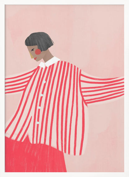 A stylized illustration of a person with a short black bob haircut, wearing an oversized, vertically striped red and white shirt. They are looking down and to the side against a solid light pink background, with their arms outstretched. Artwork