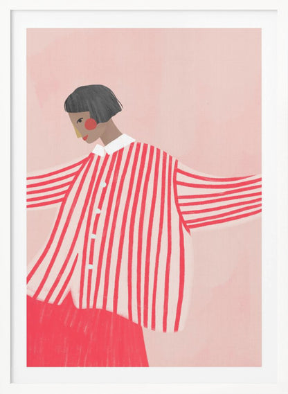 A stylized illustration of a person with a short black bob haircut, wearing an oversized, vertically striped red and white shirt. They are looking down and to the side against a solid light pink background, with their arms outstretched. Artwork