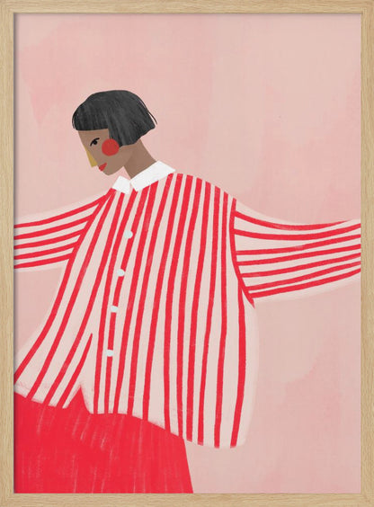 A stylized illustration of a person with a short black bob haircut, wearing an oversized, vertically striped red and white shirt. They are looking down and to the side against a solid light pink background, with their arms outstretched. Artwork