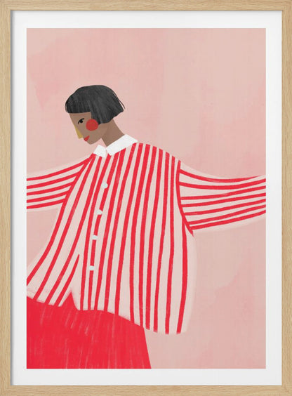 A stylized illustration of a person with a short black bob haircut, wearing an oversized, vertically striped red and white shirt. They are looking down and to the side against a solid light pink background, with their arms outstretched. Artwork