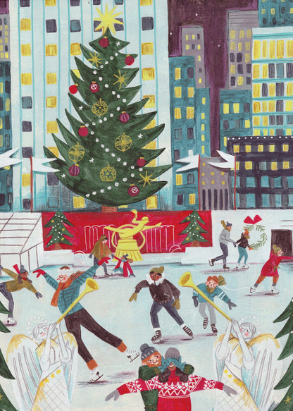 A festive, colorful painting of a bustling city ice rink at Christmas, with a giant decorated tree towering over skaters against a backdrop of illuminated skyscrapers at night. Print