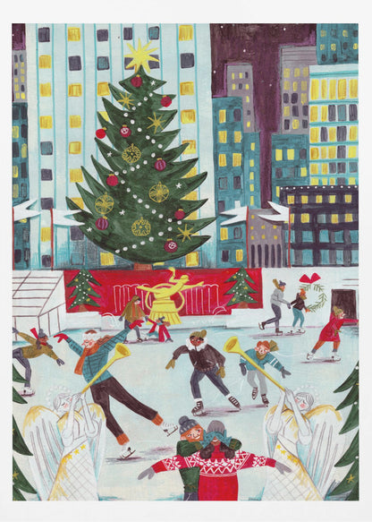 A festive, colorful painting of a bustling city ice rink at Christmas, with a giant decorated tree towering over skaters against a backdrop of illuminated skyscrapers at night. Print