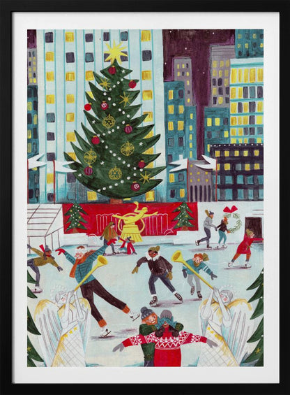A festive, colorful painting of a bustling city ice rink at Christmas, with a giant decorated tree towering over skaters against a backdrop of illuminated skyscrapers at night. Print