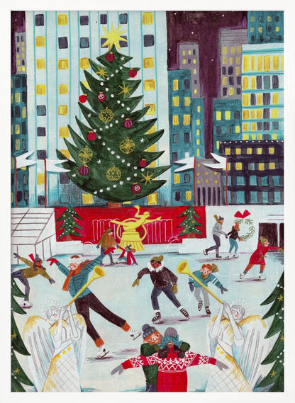 A festive, colorful painting of a bustling city ice rink at Christmas, with a giant decorated tree towering over skaters against a backdrop of illuminated skyscrapers at night. Print