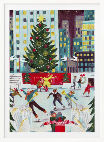 A festive, colorful painting of a bustling city ice rink at Christmas, with a giant decorated tree towering over skaters against a backdrop of illuminated skyscrapers at night. Print