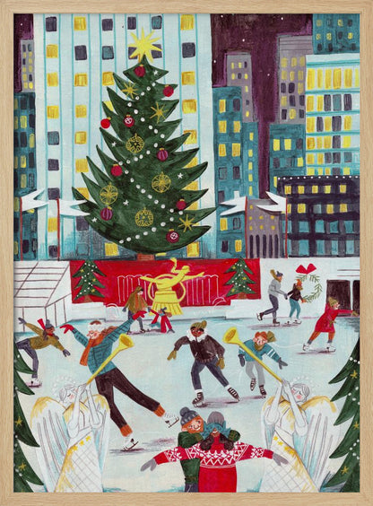 A festive, colorful painting of a bustling city ice rink at Christmas, with a giant decorated tree towering over skaters against a backdrop of illuminated skyscrapers at night. Print