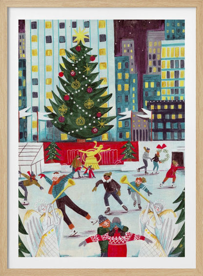 A festive, colorful painting of a bustling city ice rink at Christmas, with a giant decorated tree towering over skaters against a backdrop of illuminated skyscrapers at night. Print