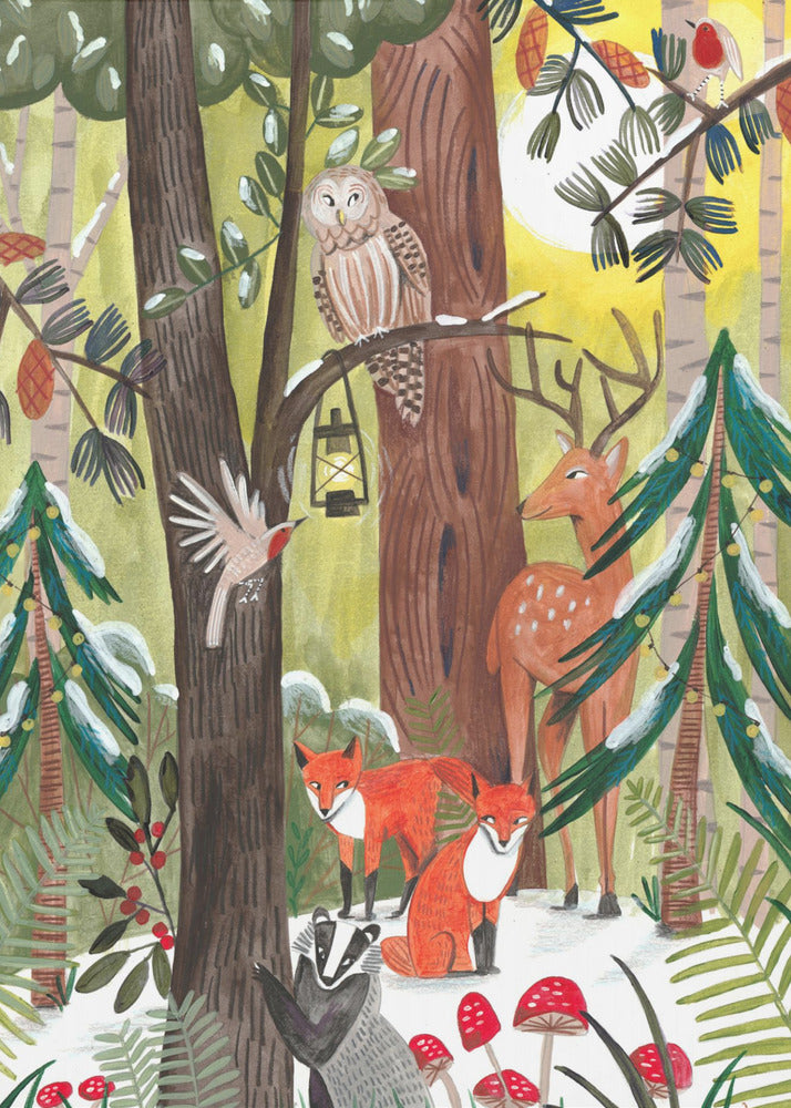 Green Christmas forest with animals - Poster / Art Print